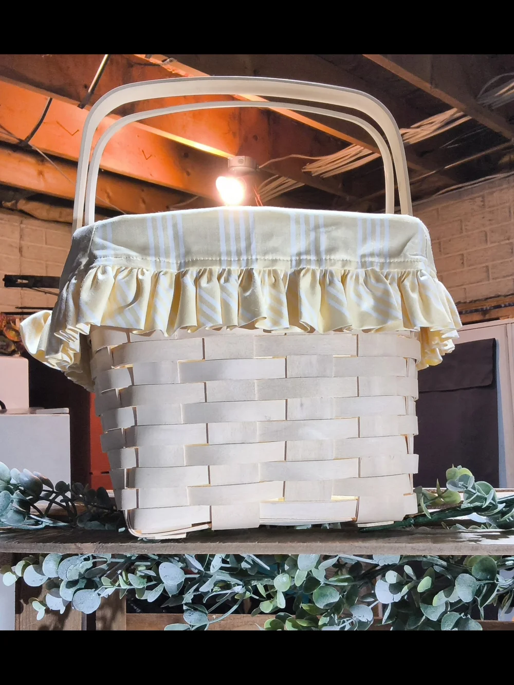 Longaberger White Woven Basket with Yellow Ruffled Liner